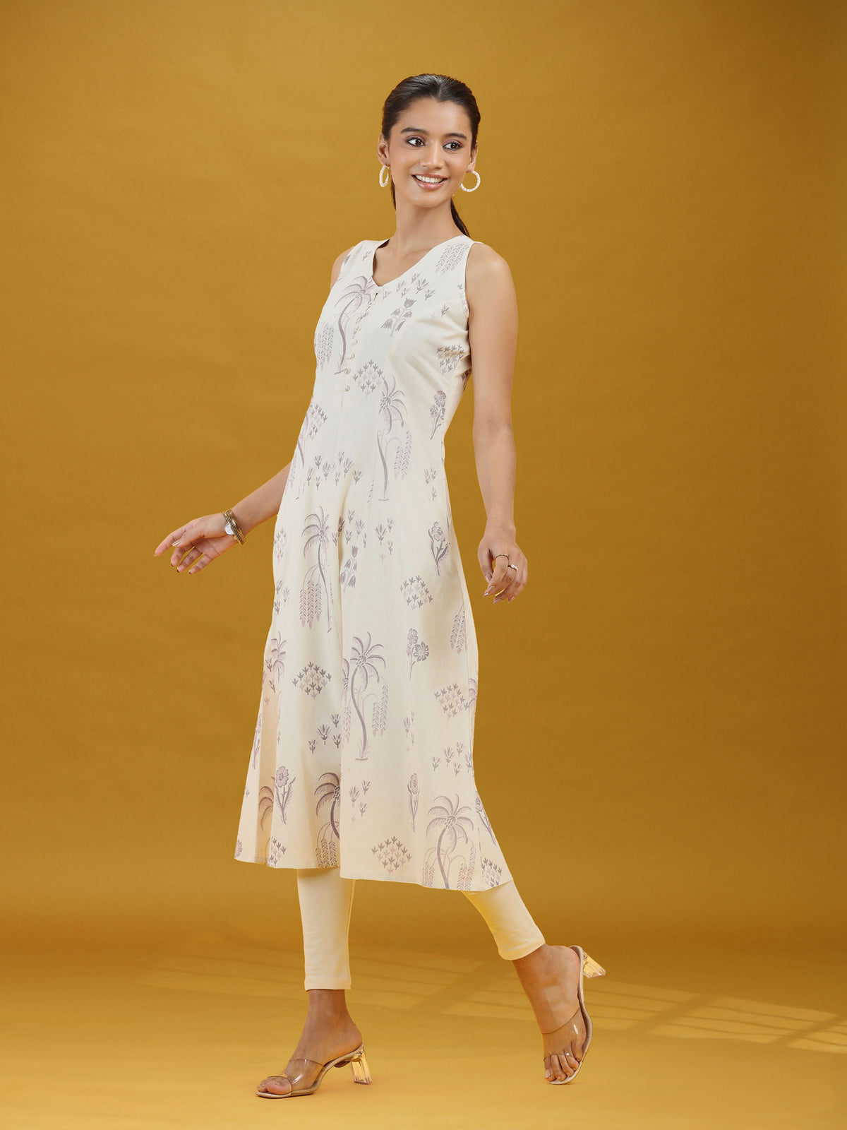 Off White Printed Pure Cotton A-Line Sleeveless Kurta Elegant Summer Ethnic Wear