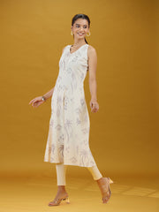 Off White Printed Pure Cotton A-Line Sleeveless Kurta Elegant Summer Ethnic Wear