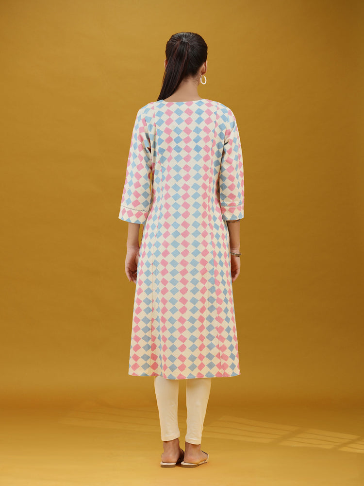 Pastel Geometric Printed Cotton Straight Kurta