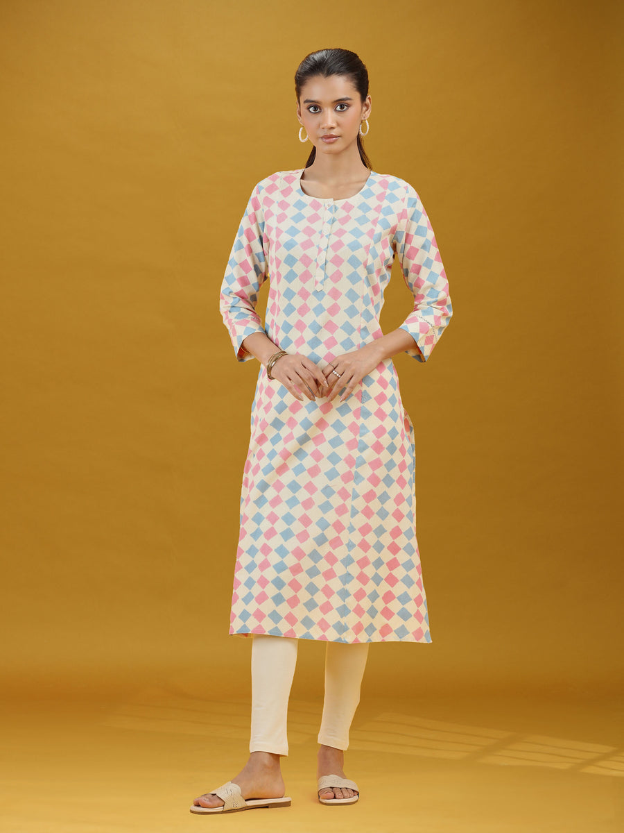 Pastel Geometric Printed Pure Cotton Straight Kurta
