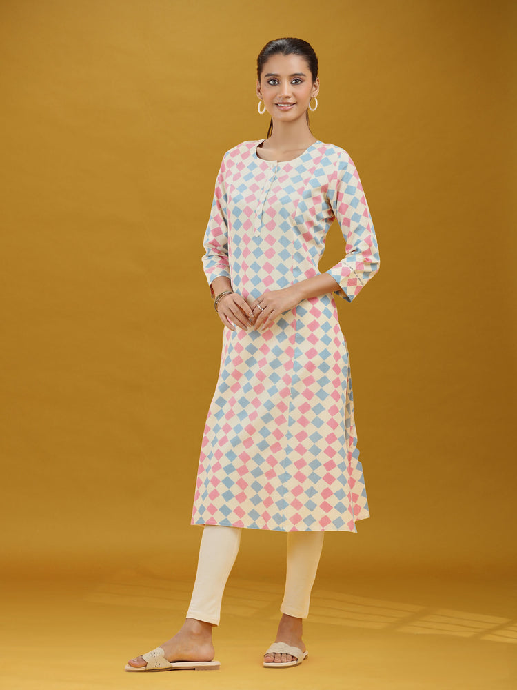 Pastel Geometric Printed Cotton Straight Kurta