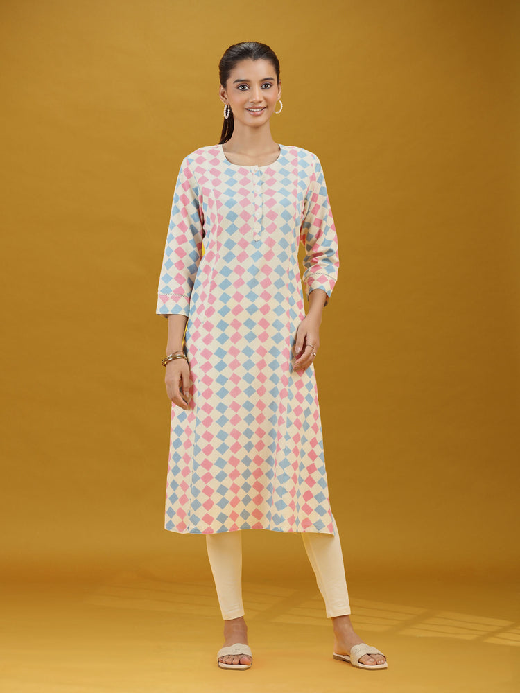 Pastel Geometric Printed Cotton Straight Kurta