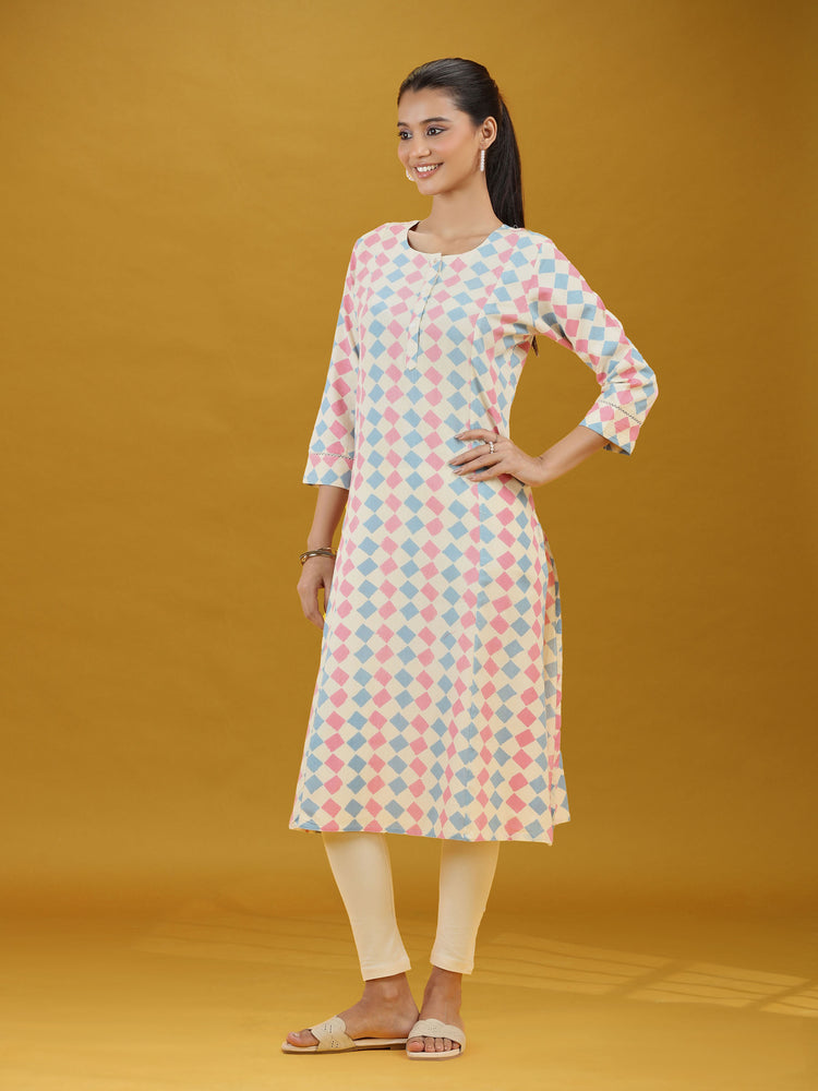 Pastel Geometric Printed Cotton Straight Kurta