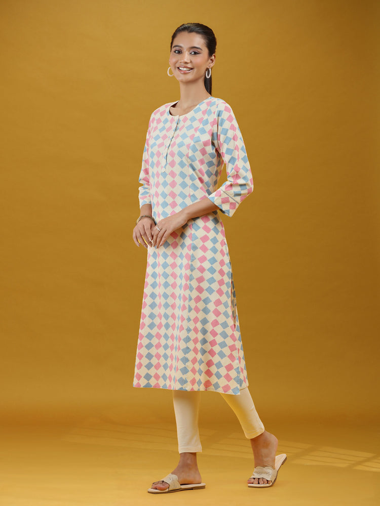 Pastel Geometric Printed Cotton Straight Kurta