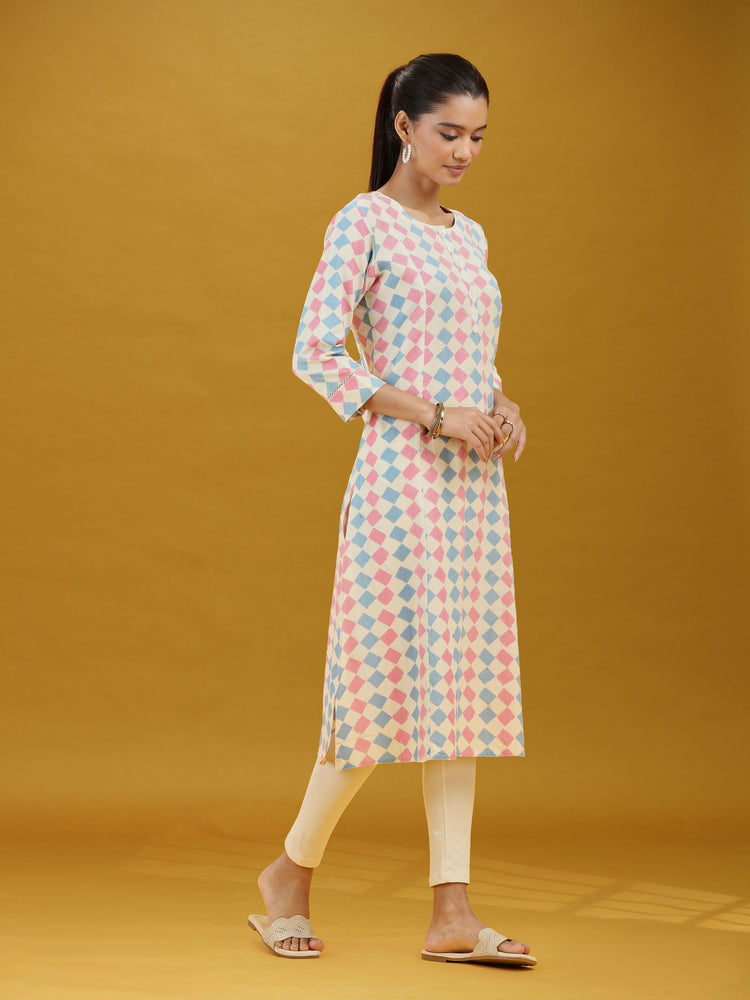 Pastel Geometric Printed Cotton Straight Kurta