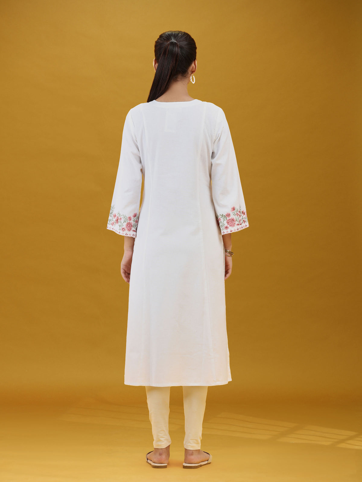White Floral Sleeve Embroidered Pure Cotton Kurta