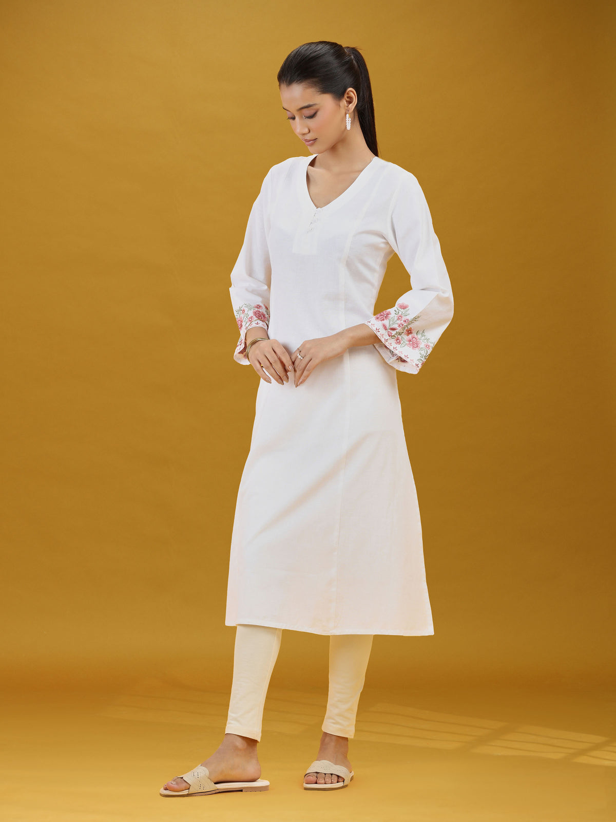 White Floral Sleeve Embroidered Pure Cotton Kurta