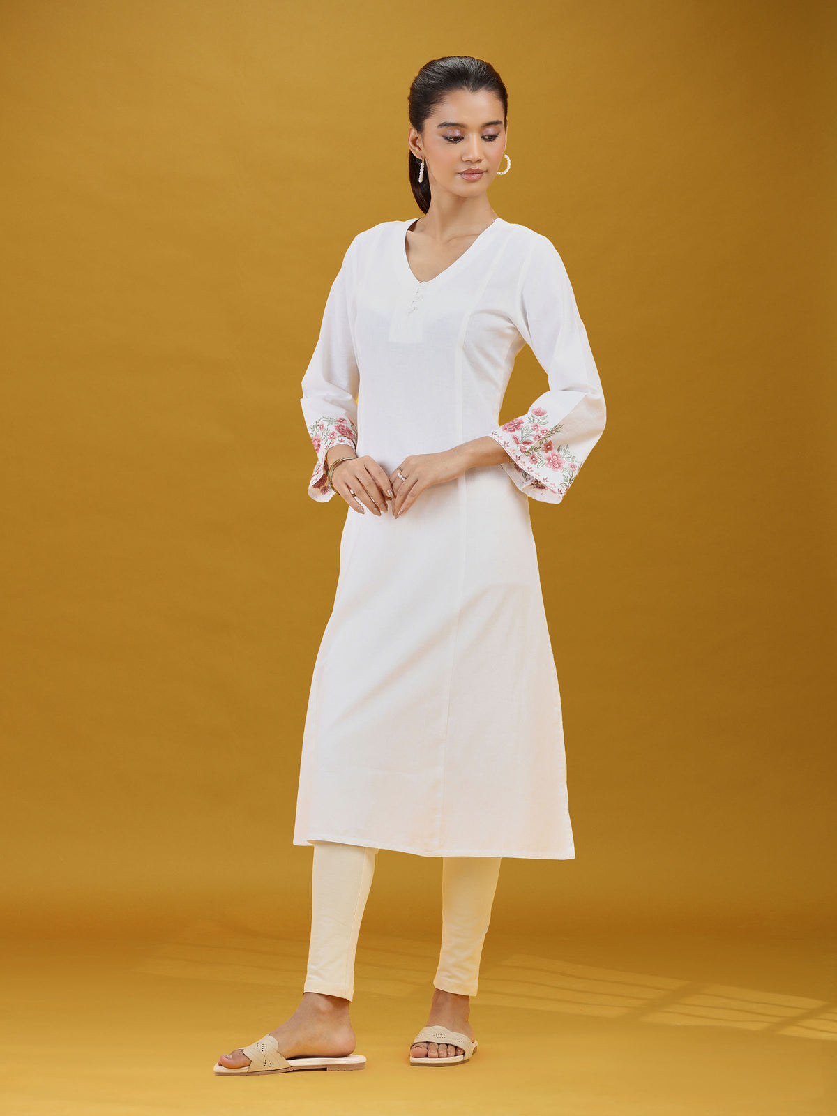 White Floral Sleeve Embroidered Pure Cotton Kurta