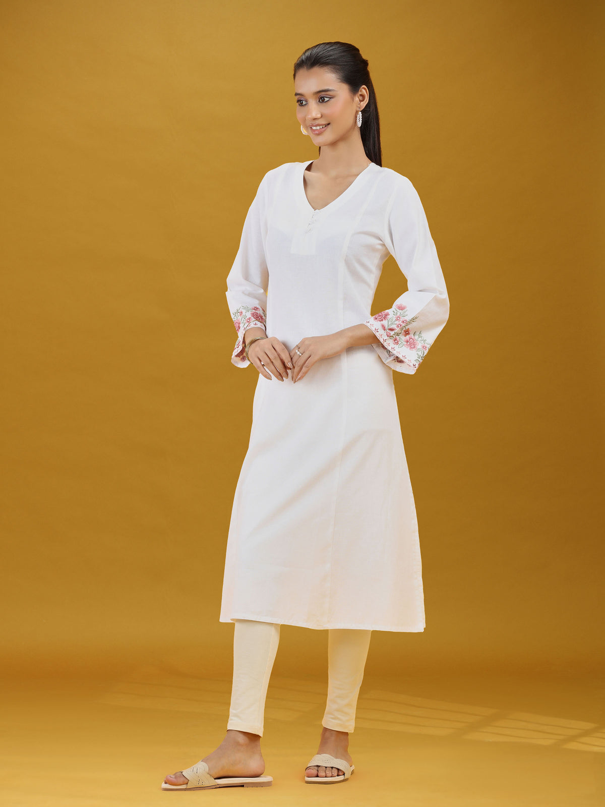 White Floral Sleeve Embroidered Pure Cotton Kurta