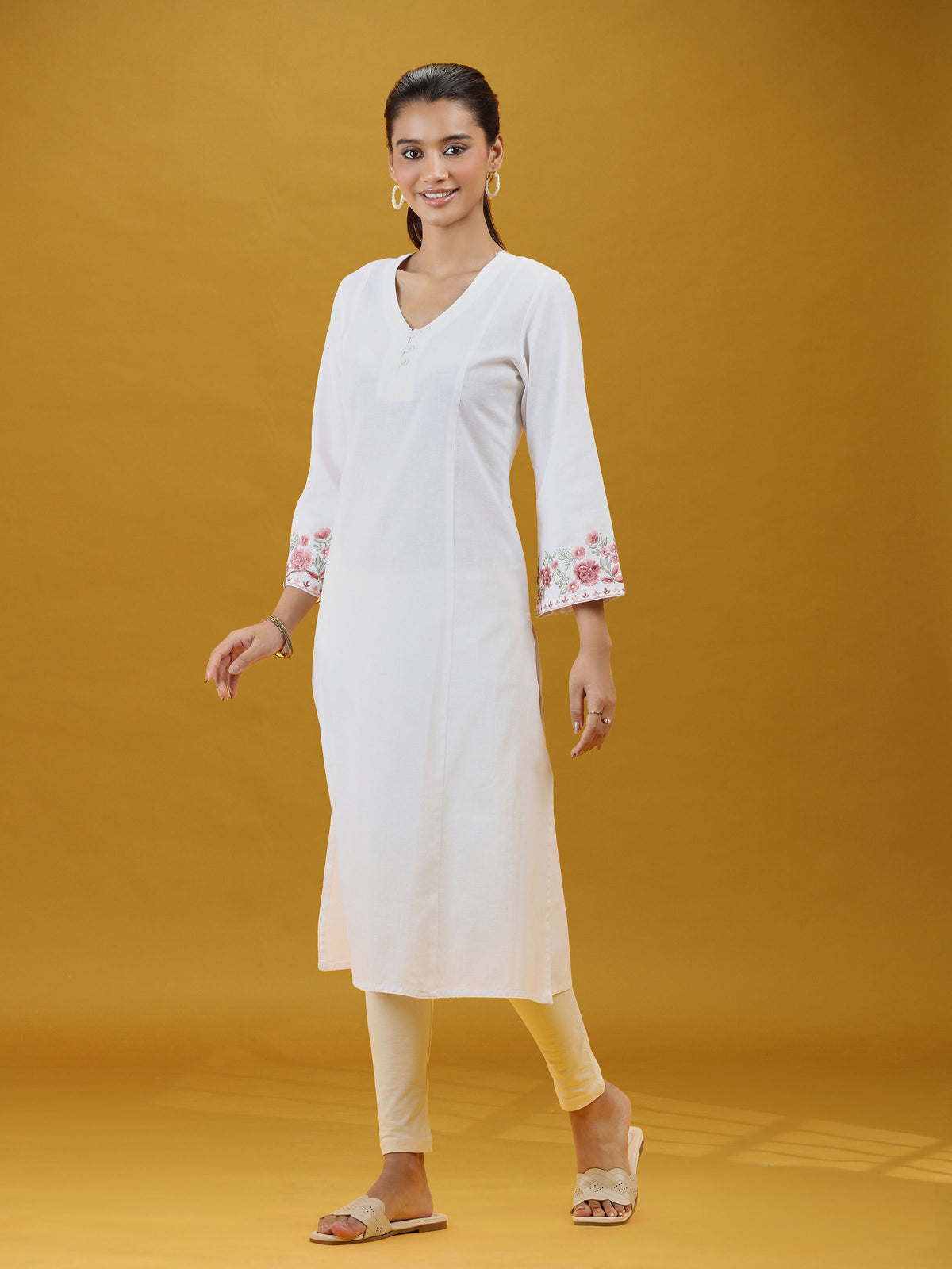 White Floral Sleeve Embroidered Pure Cotton Kurta