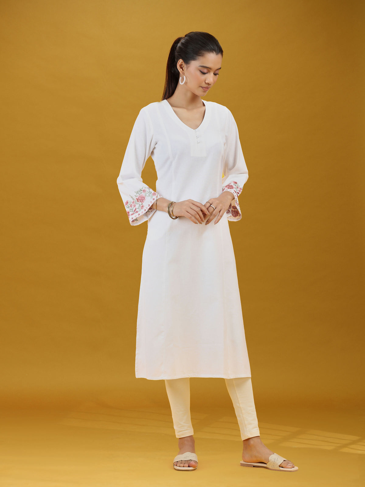 White Floral Sleeve Embroidered Pure Cotton Kurta
