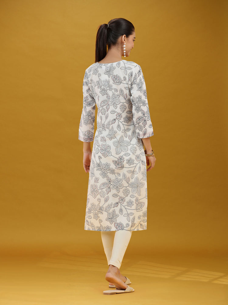 Off White Floral Printed Pure Cotton Straight Kurta