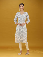 Off White Floral Printed Pure Cotton Straight Kurta