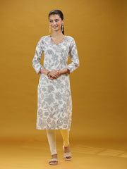 Off White Floral Printed Pure Cotton Straight Kurta