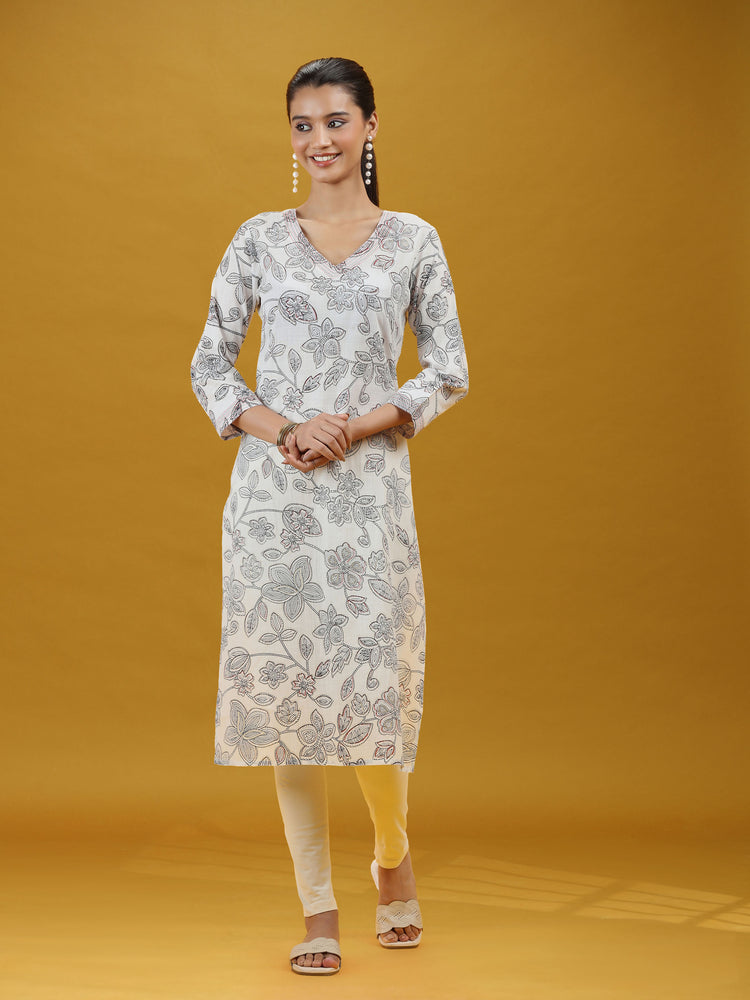 Off White Floral Printed Pure Cotton Straight Kurta