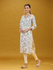 Off White Floral Printed Pure Cotton Straight Kurta