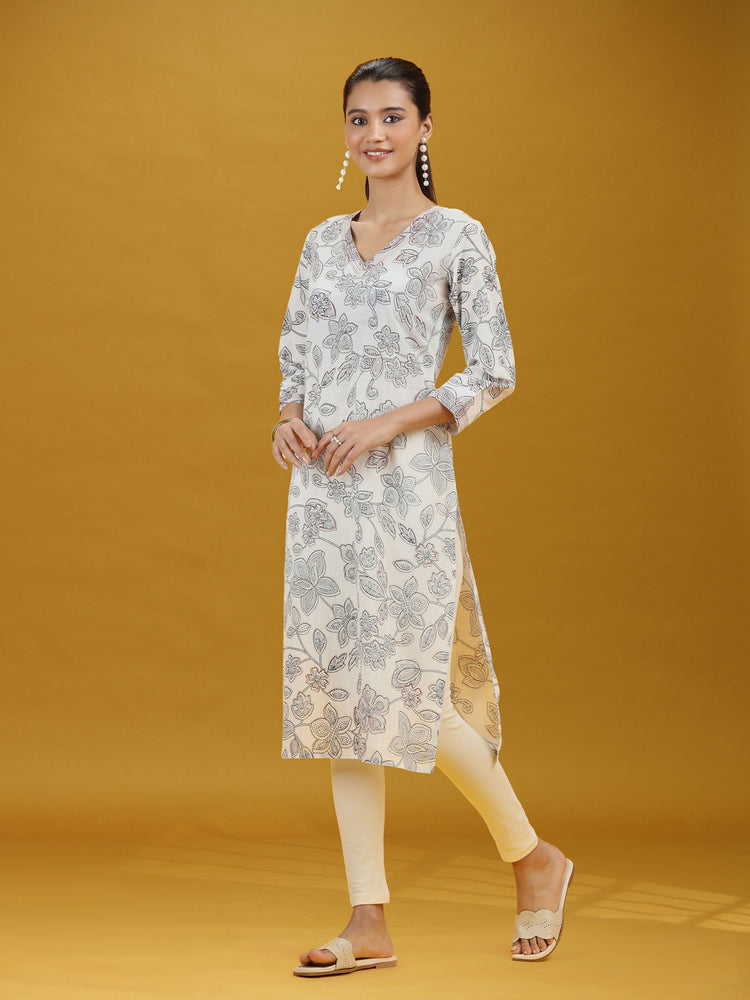 Off White Floral Printed Pure Cotton Straight Kurta