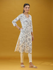 Off White Floral Printed Pure Cotton Straight Kurta