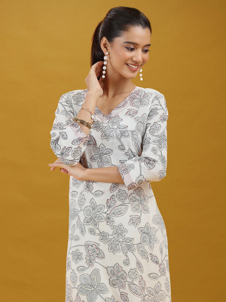 Off White Floral Printed Pure Cotton Straight Kurta