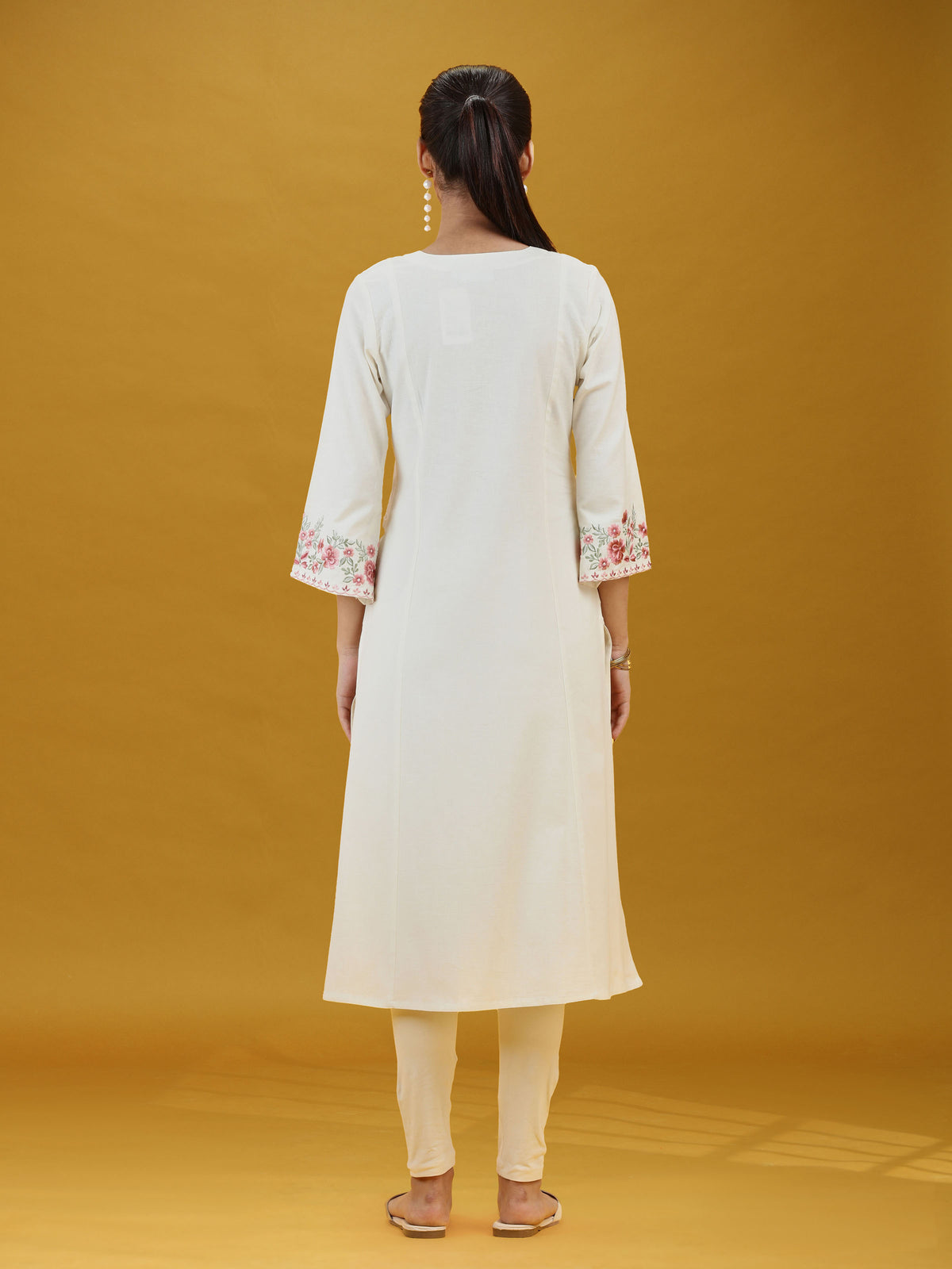 Off White Floral Sleeve Embroidered Pure Cotton Kurta