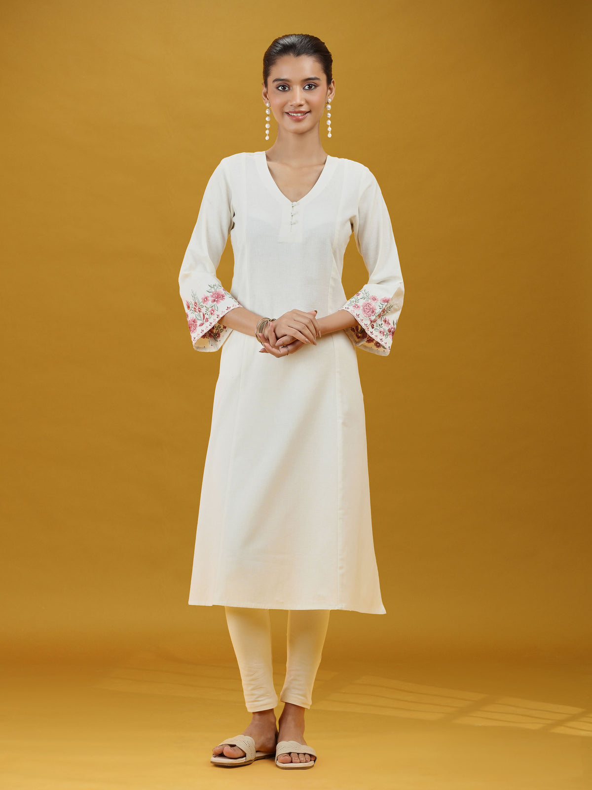 Off White Floral Sleeve Embroidered Pure Cotton Kurta