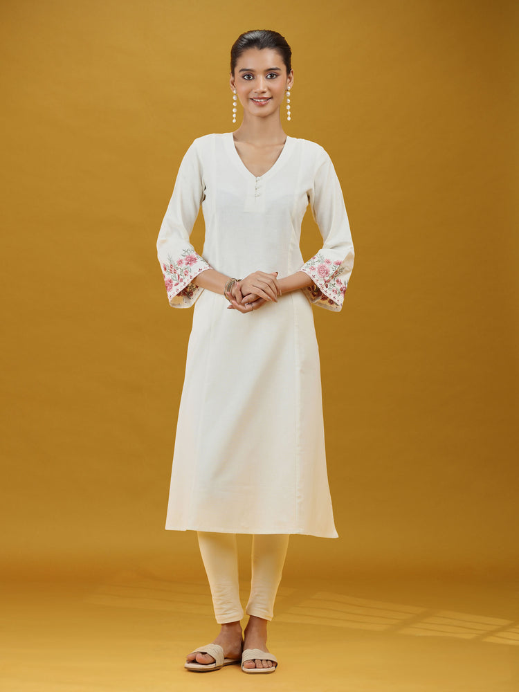 Off White Floral Sleeve Embroidered Pure Cotton Kurta
