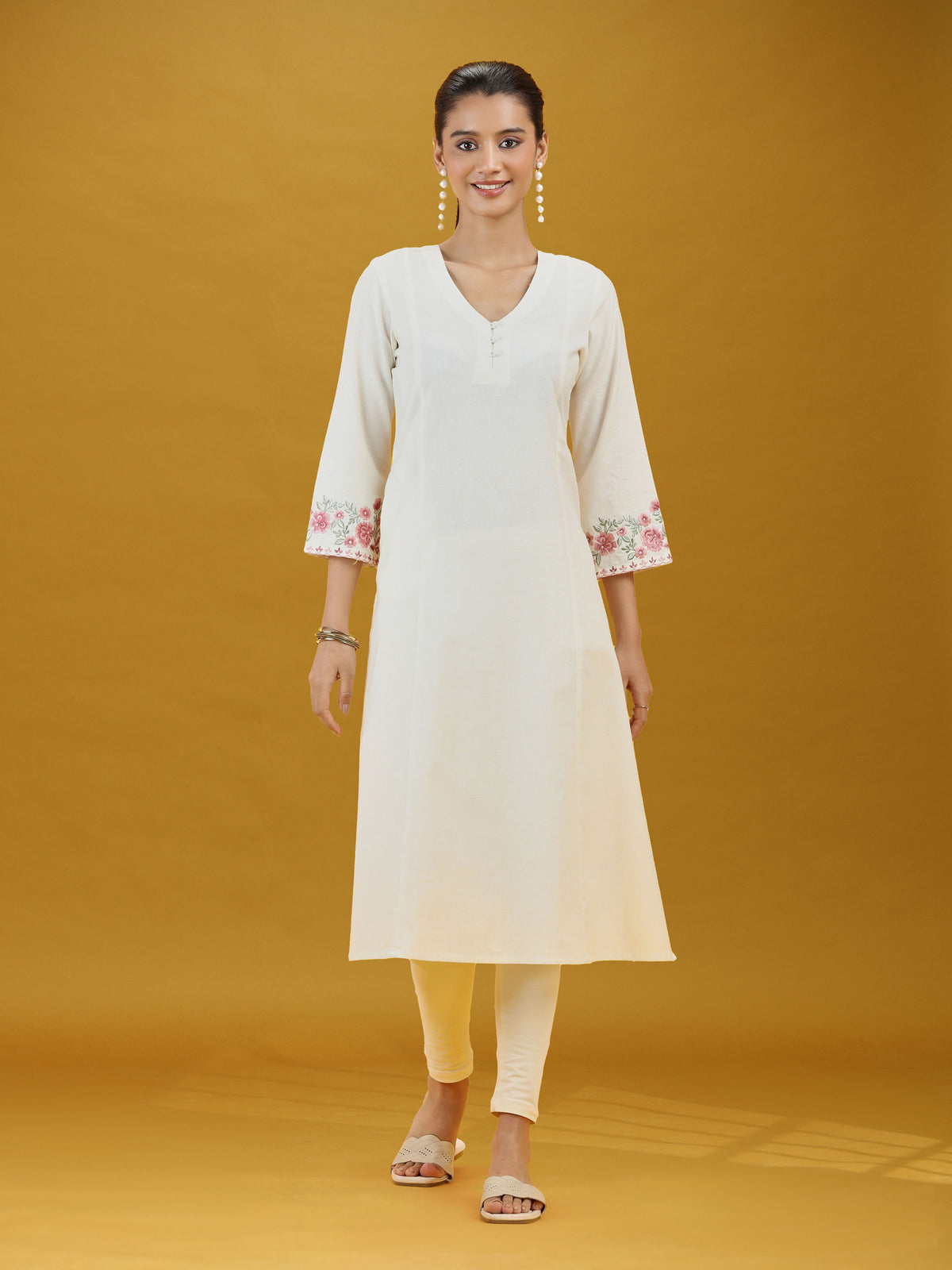 Off White Floral Sleeve Embroidered Pure Cotton Kurta