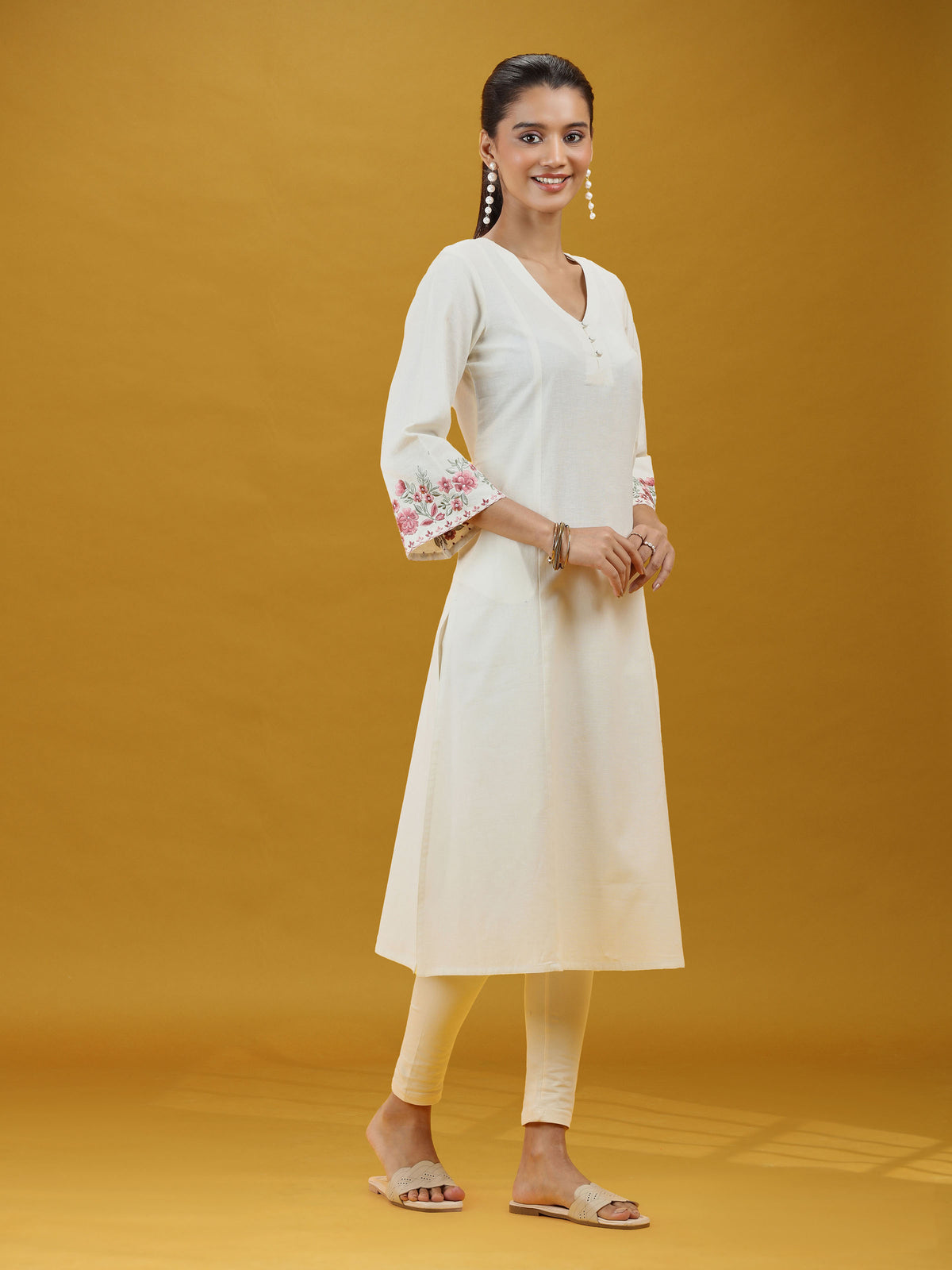 Off White Floral Sleeve Embroidered Pure Cotton Kurta