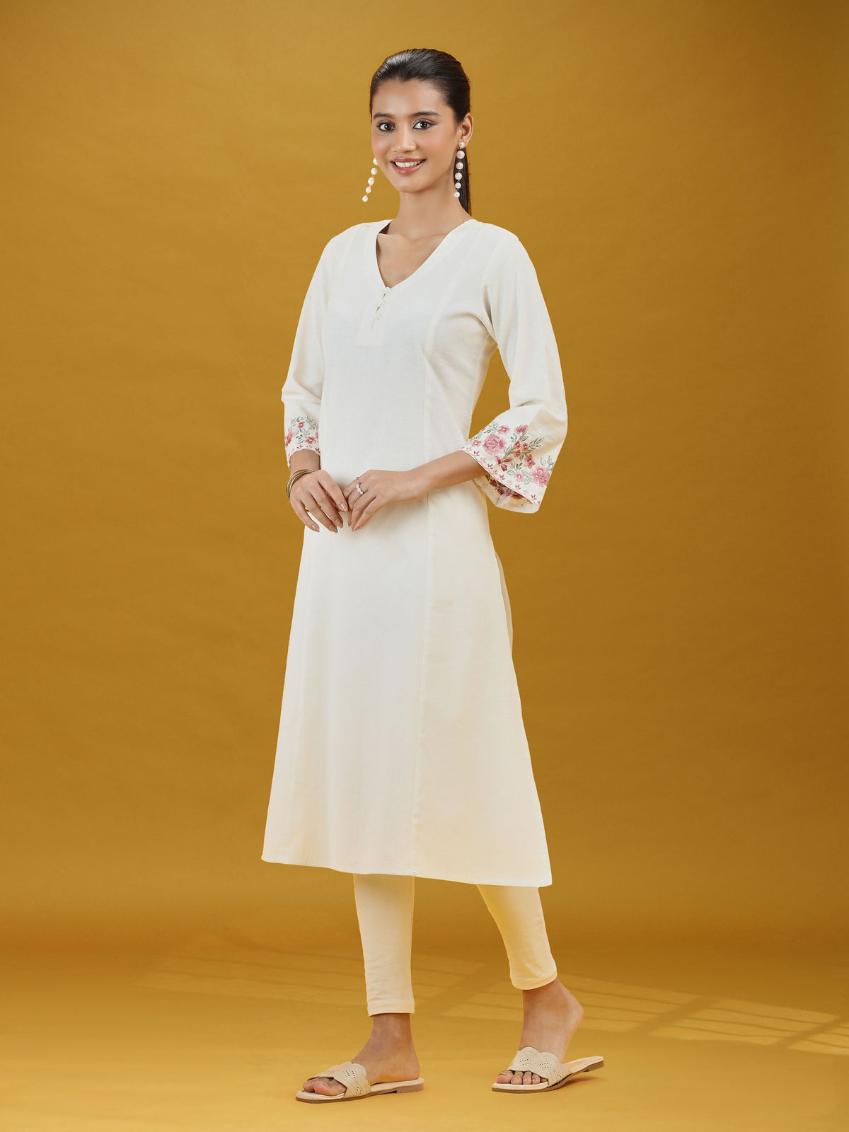 Off White Floral Sleeve Embroidered Pure Cotton Kurta