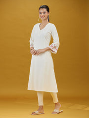Off White Floral Sleeve Embroidered Pure Cotton Kurta