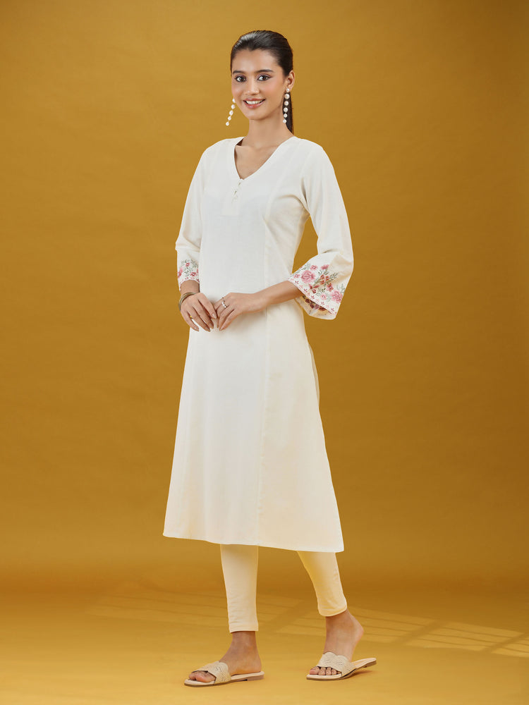 Off White Floral Sleeve Embroidered Pure Cotton Kurta