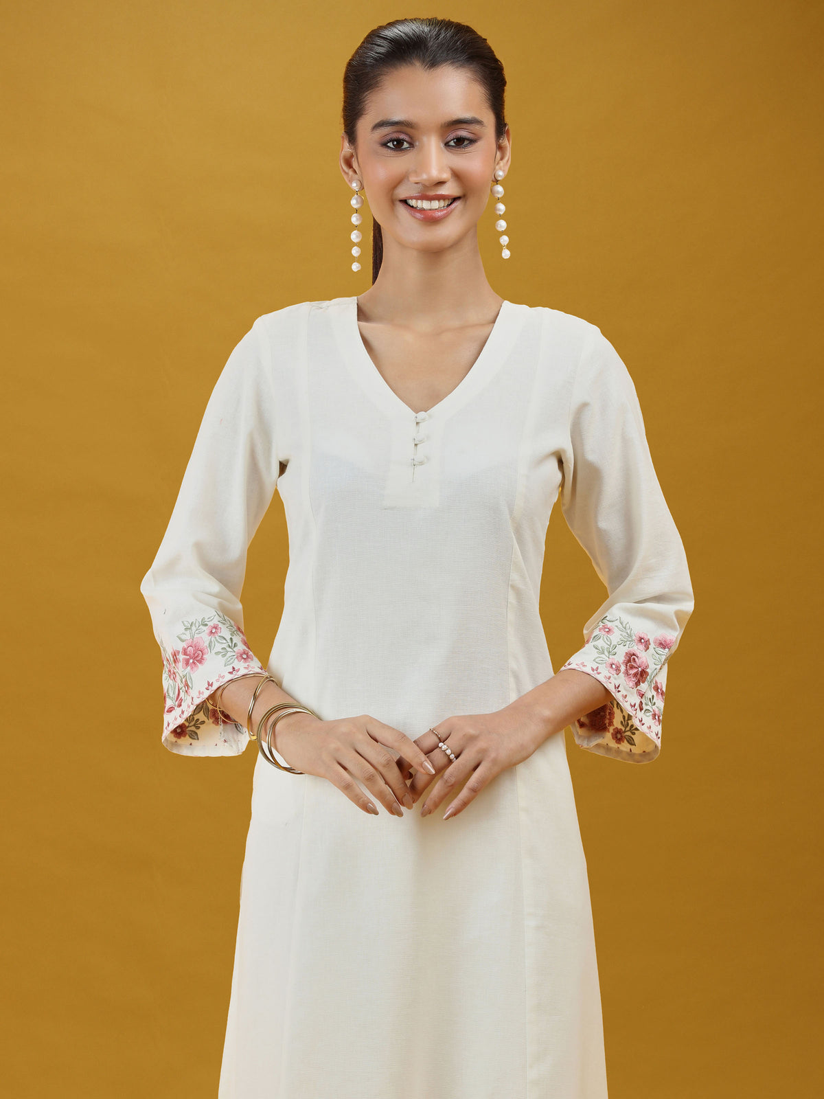 Off White Floral Sleeve Embroidered Pure Cotton Kurta