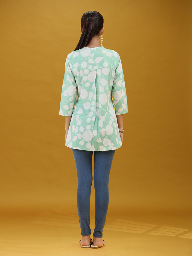 Mint Green Floral Printed Pure Cotton Casual Short Kurti Top