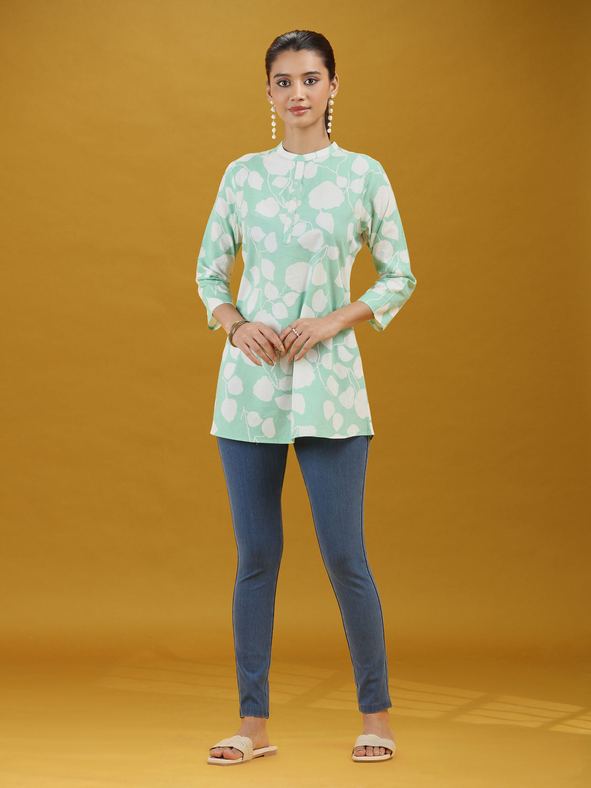 Mint Green Floral Printed Pure Cotton Casual Short Kurti Top