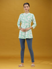 Mint Green Floral Printed Pure Cotton Casual Short Kurti Top