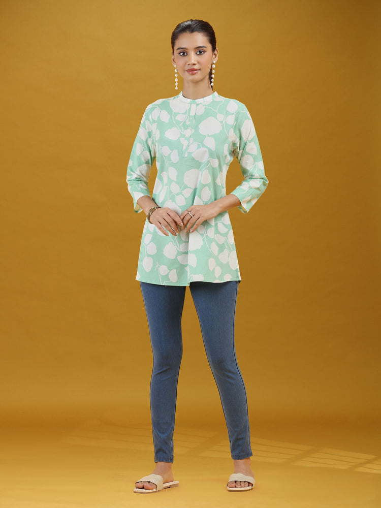 Mint Green Floral Printed Pure Cotton Casual Short Kurti Top