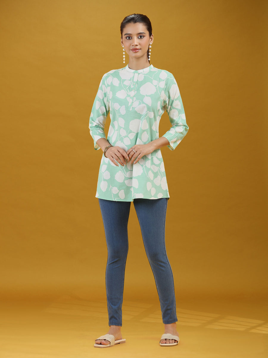 Mint Green Floral Printed Pure Cotton Casual Short Kurti Top