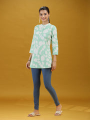 Mint Green Floral Printed Pure Cotton Casual Short Kurti Top