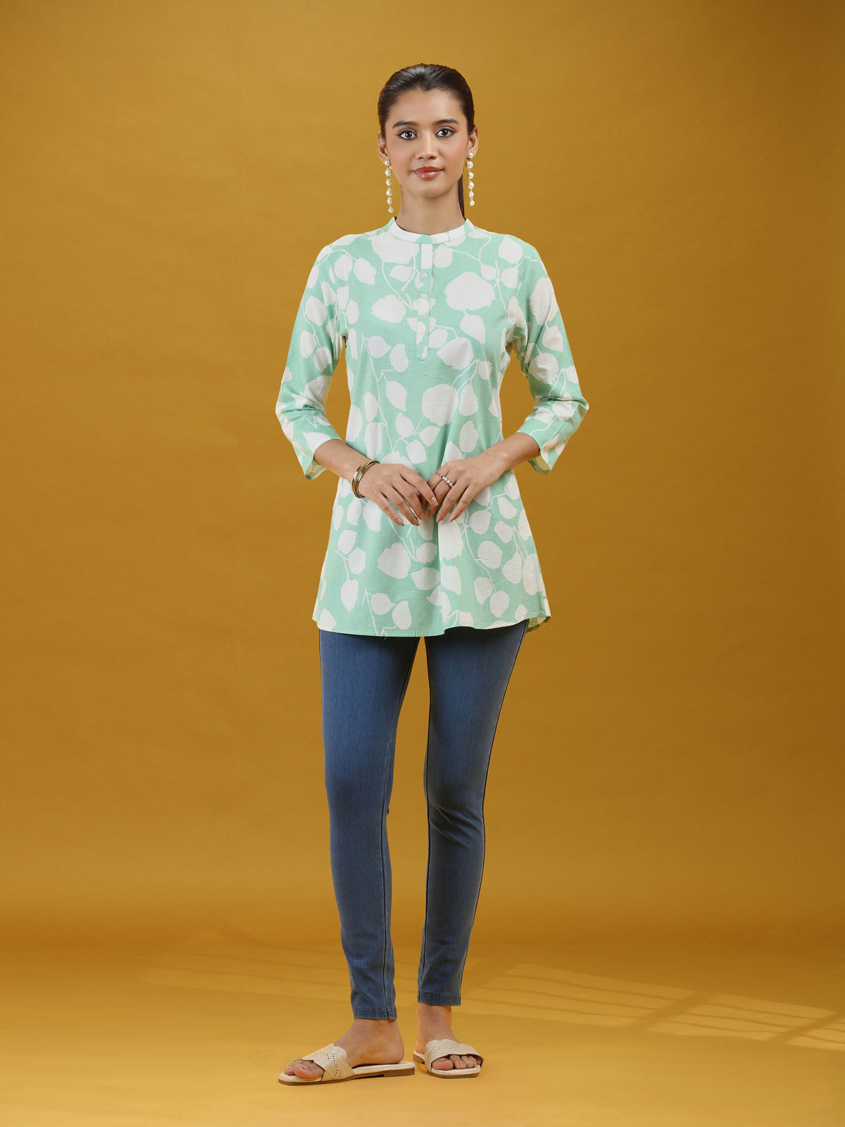 Mint Green Floral Printed Pure Cotton Casual Short Kurti Top