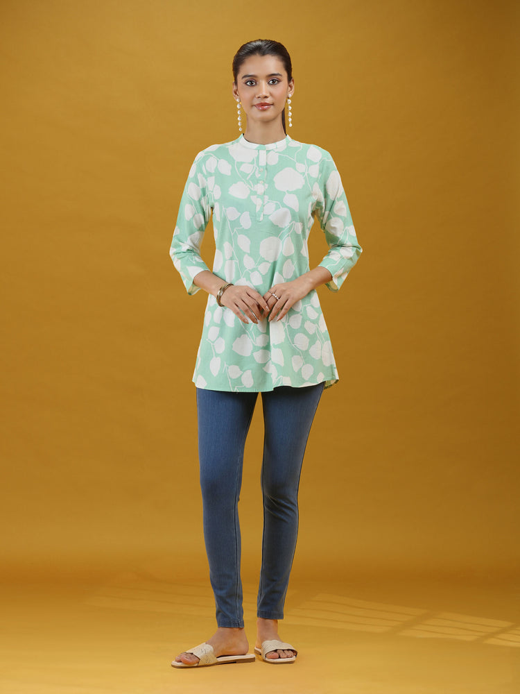 Mint Green Floral Printed Pure Cotton Casual Short Kurti Top