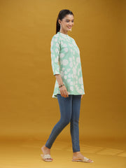 Mint Green Floral Printed Pure Cotton Casual Short Kurti Top