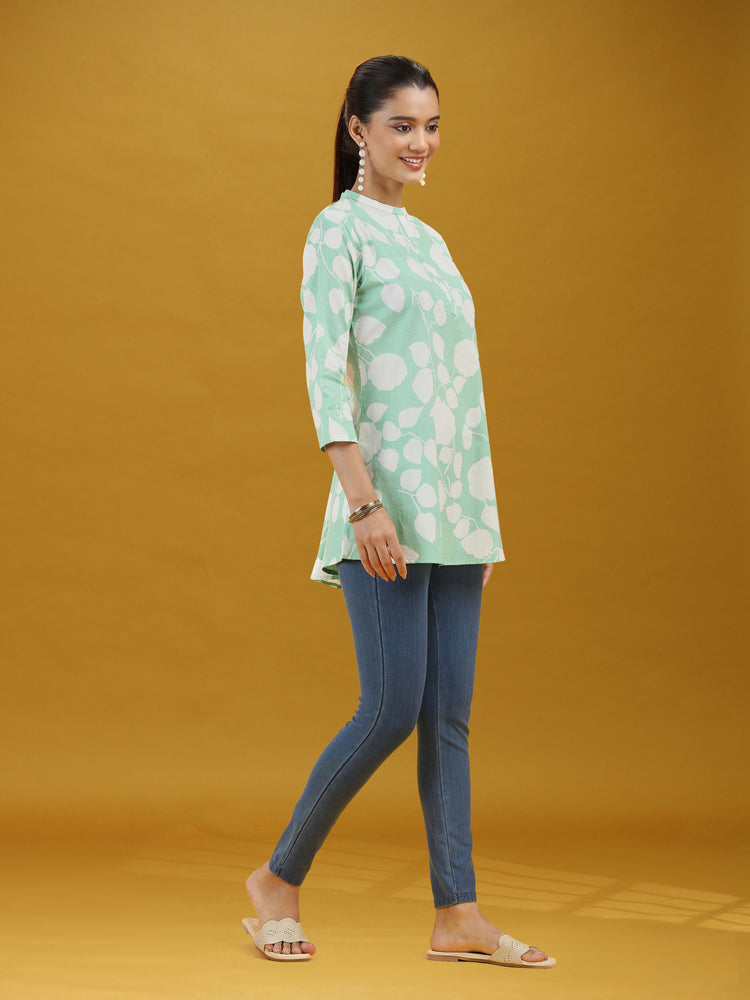 Mint Green Floral Printed Pure Cotton Casual Short Kurti Top