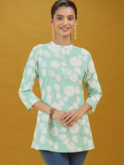 Mint Green Floral Printed Pure Cotton Casual Short Kurti Top