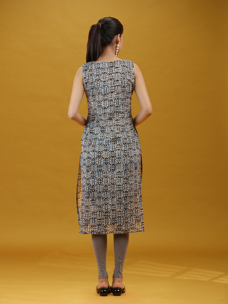 Grey Geometric Printed Pure Cotton Sleeveless Straight Kurta