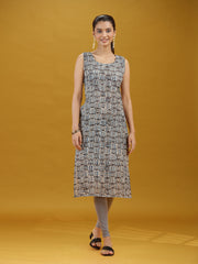 Grey Geometric Printed Pure Cotton Sleeveless Straight Kurta