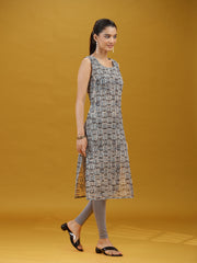 Grey Geometric Printed Pure Cotton Sleeveless Straight Kurta