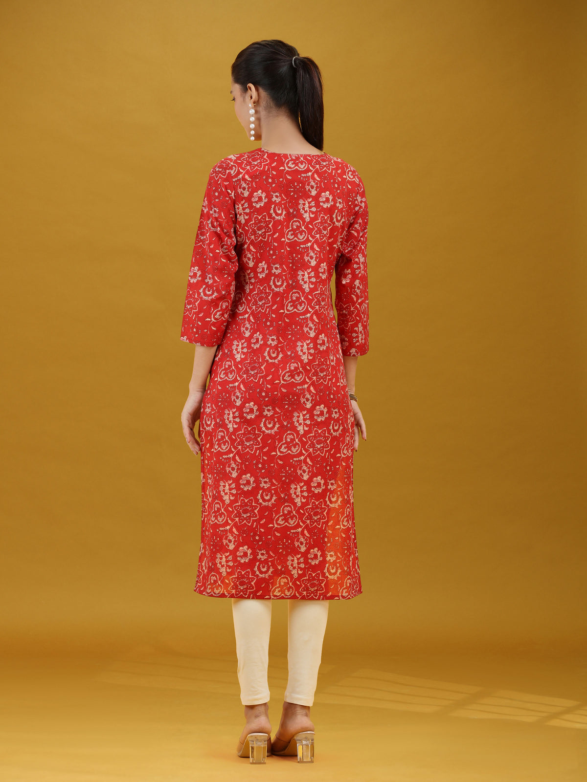 Dark Red Floral Printed Pure Cotton Straight Kurta