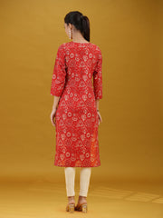 Dark Red Floral Printed Pure Cotton Straight Kurta