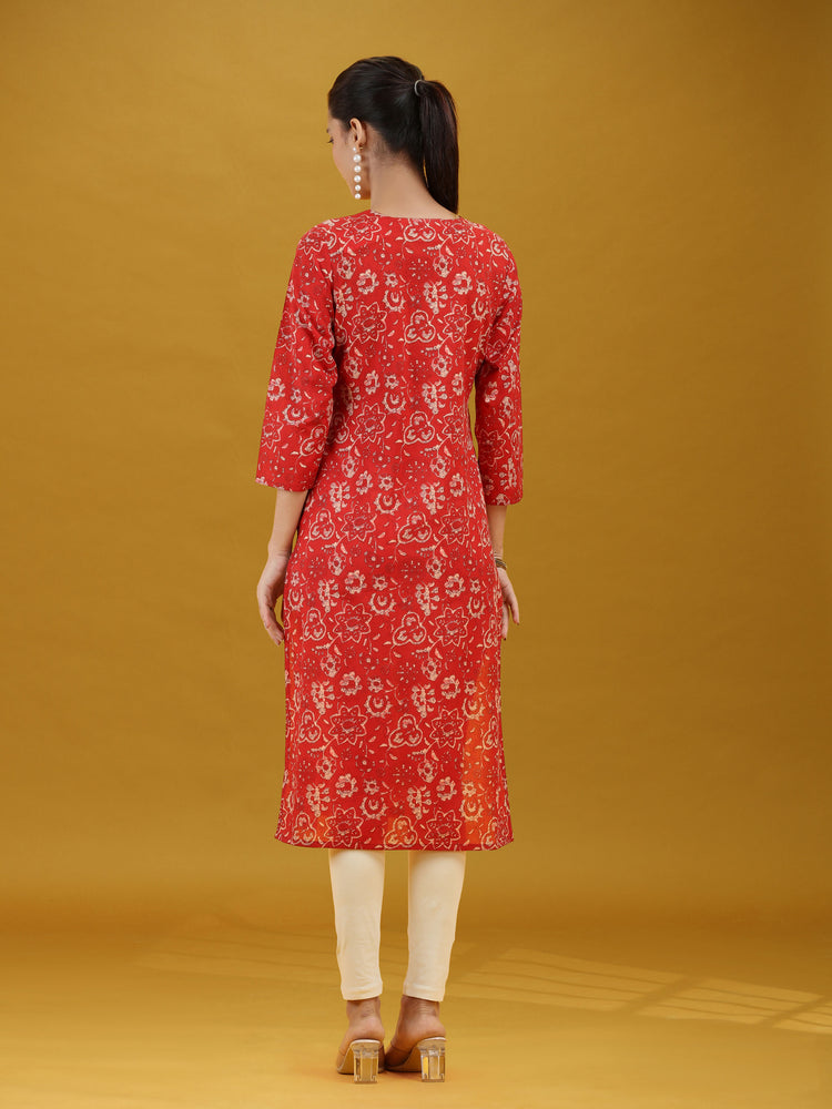 Dark Red Floral Printed Pure Cotton Straight Kurta