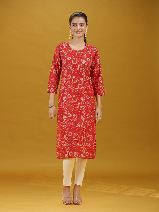 Dark Red Floral Printed Pure Cotton Straight Kurta